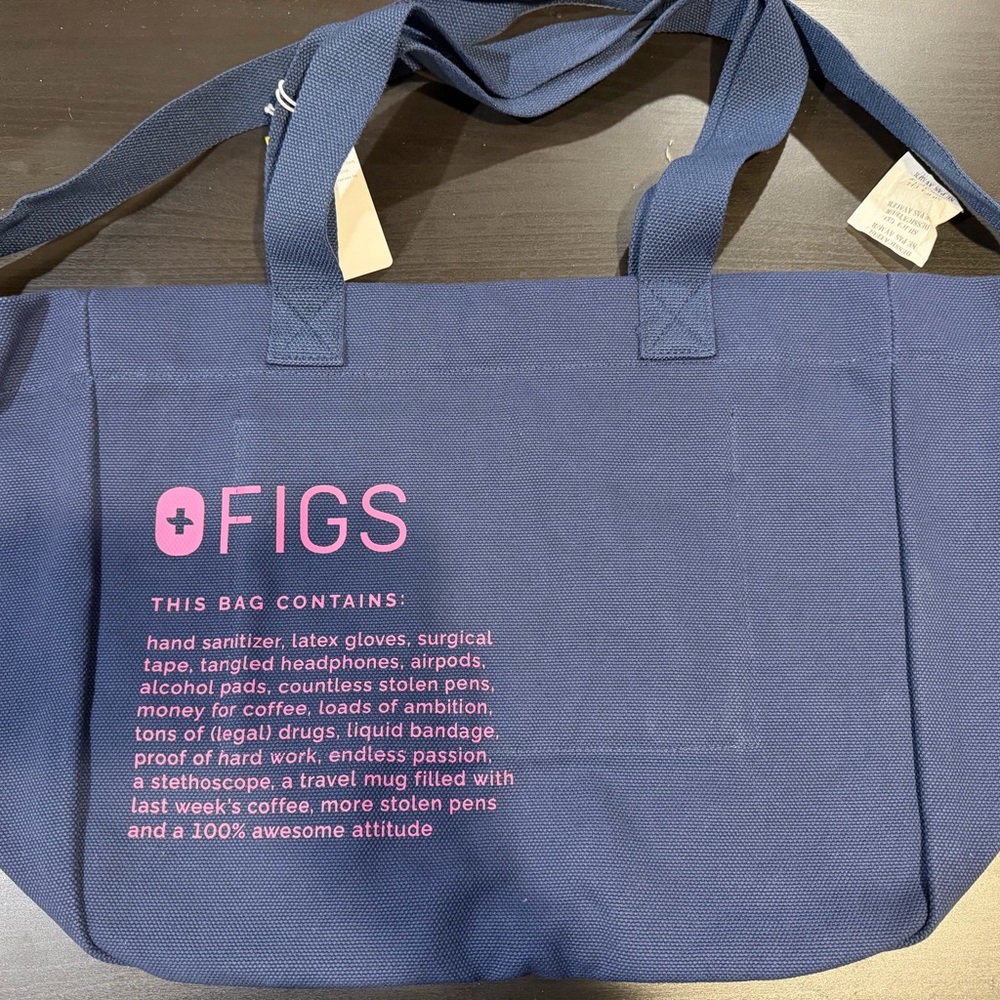 Figs Navy Tote with Pink Lettering